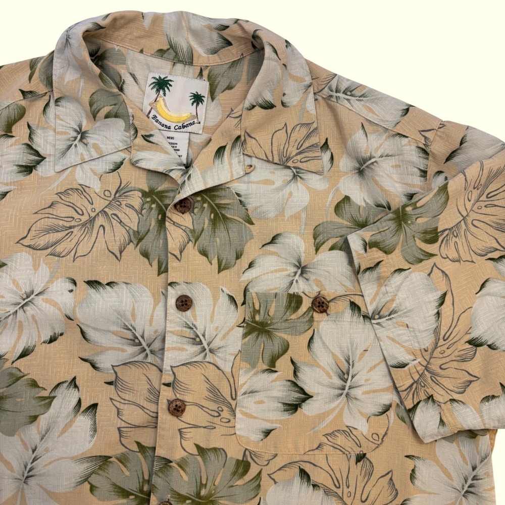 Banana Cabana Mens Medium Silk Tropical Monstera Leaf Camp Shirt Tan Green M